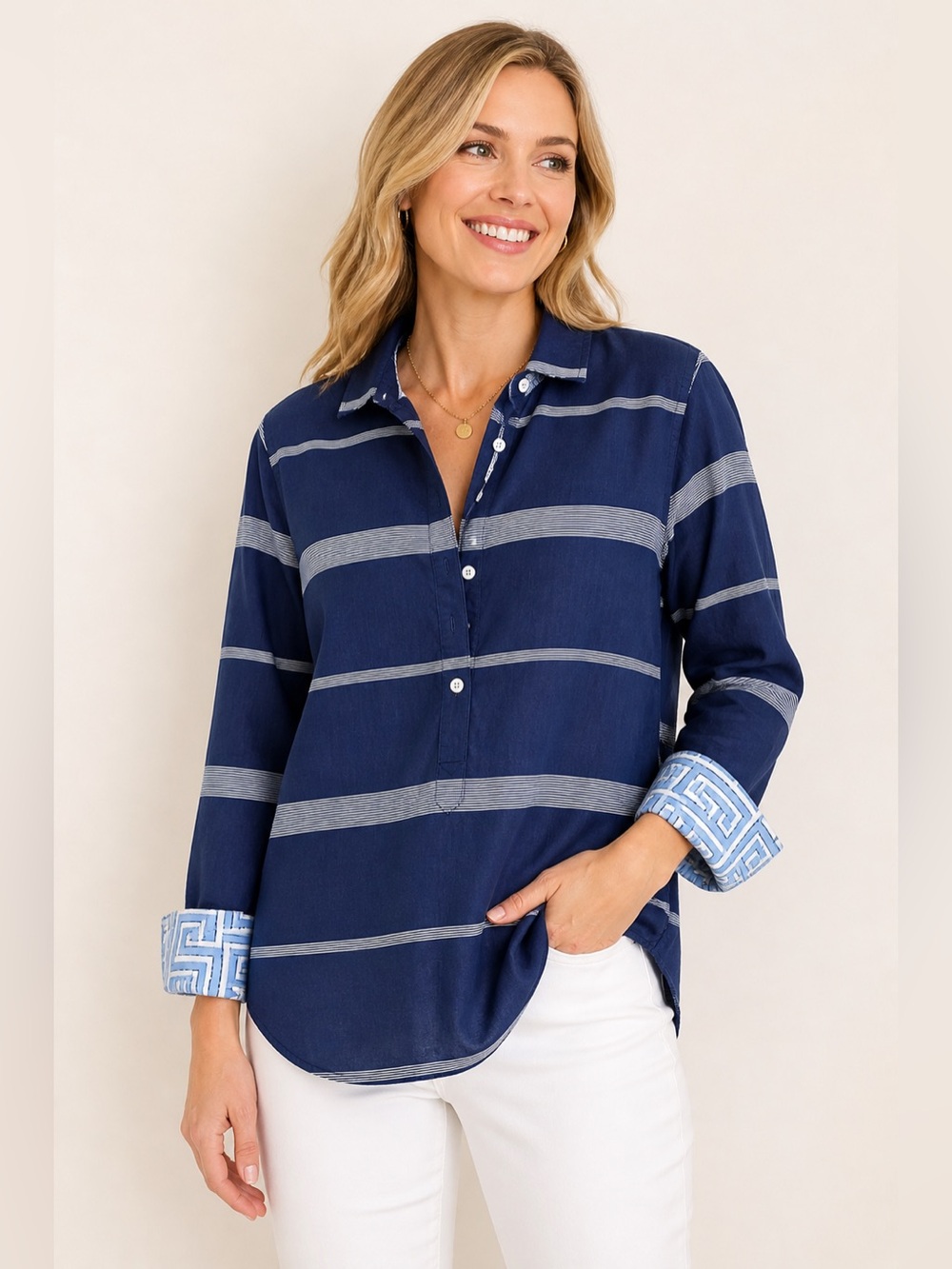 Blue Striped Popover Blouse Contrast Cuff Coastal Preppy Cotton Shirt Size S